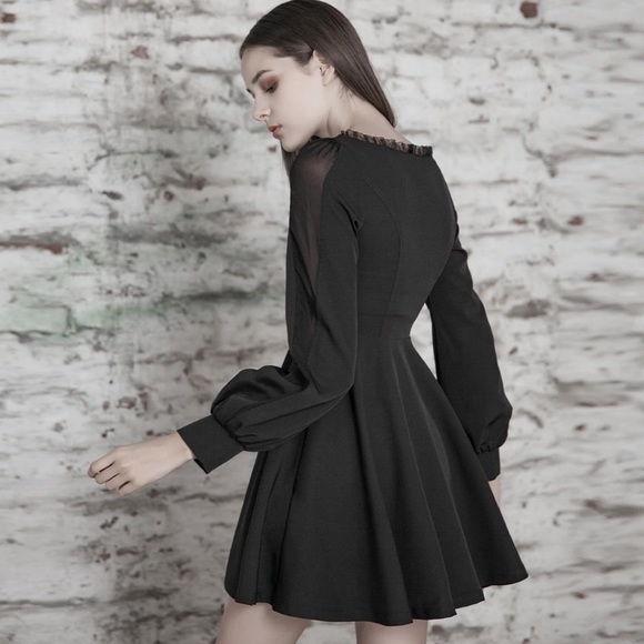 Punk Rave NEW Sexy Goth Long Sleeve Lace-Up A-Line Dress Black Square Neck Small - Picture 3 of 16